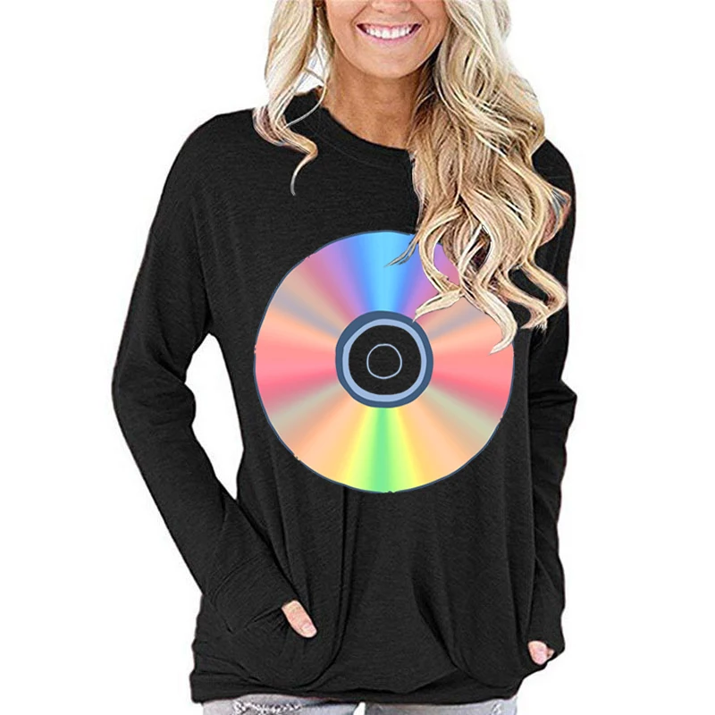 Funny Compact Disc Graphic T Shirts Women Compact Disc Retro Graphic Fall Long Sleeve T-shirt Female Funny Fashion Casual Tops