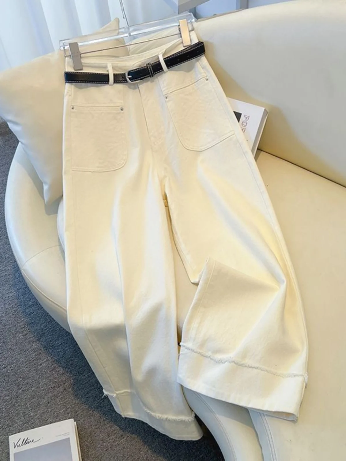 

High Waist Wide Leg Jeans for Women Thin Style New Haired Loose Nine Cent Pants Spring Autumn White Straight Leg Denim Pants