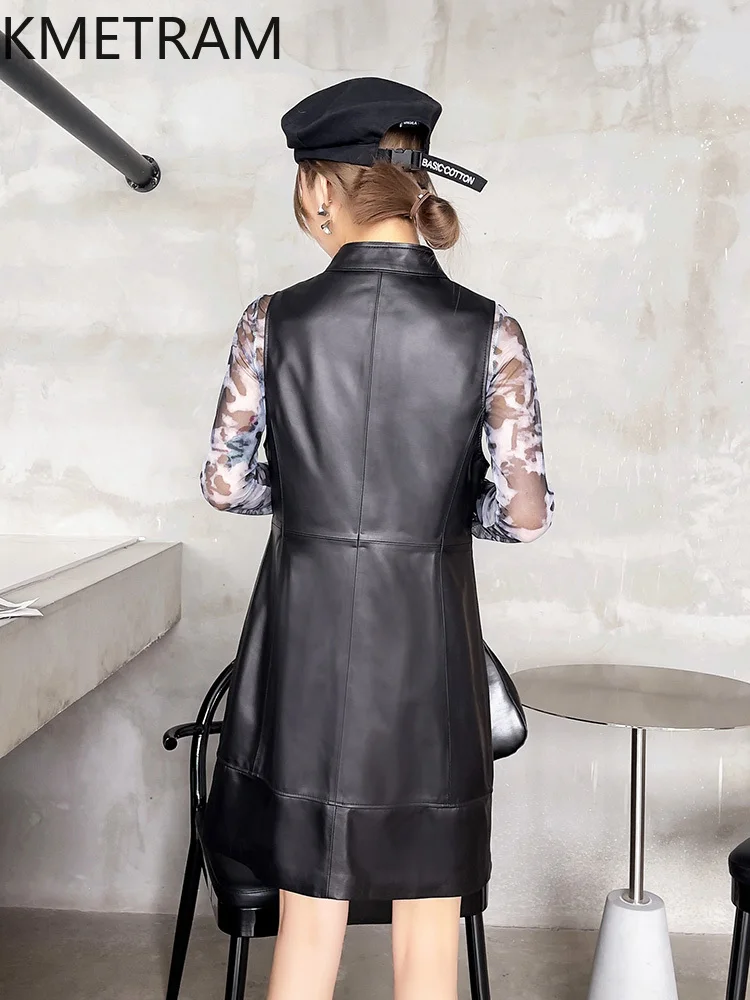 100% Toplaag Schapenvacht Jurken Damesmode Zwart Echt Leer Mouwloze Jurk Nieuw In Outerwears Herfst Kleding 2025 Vrouwen