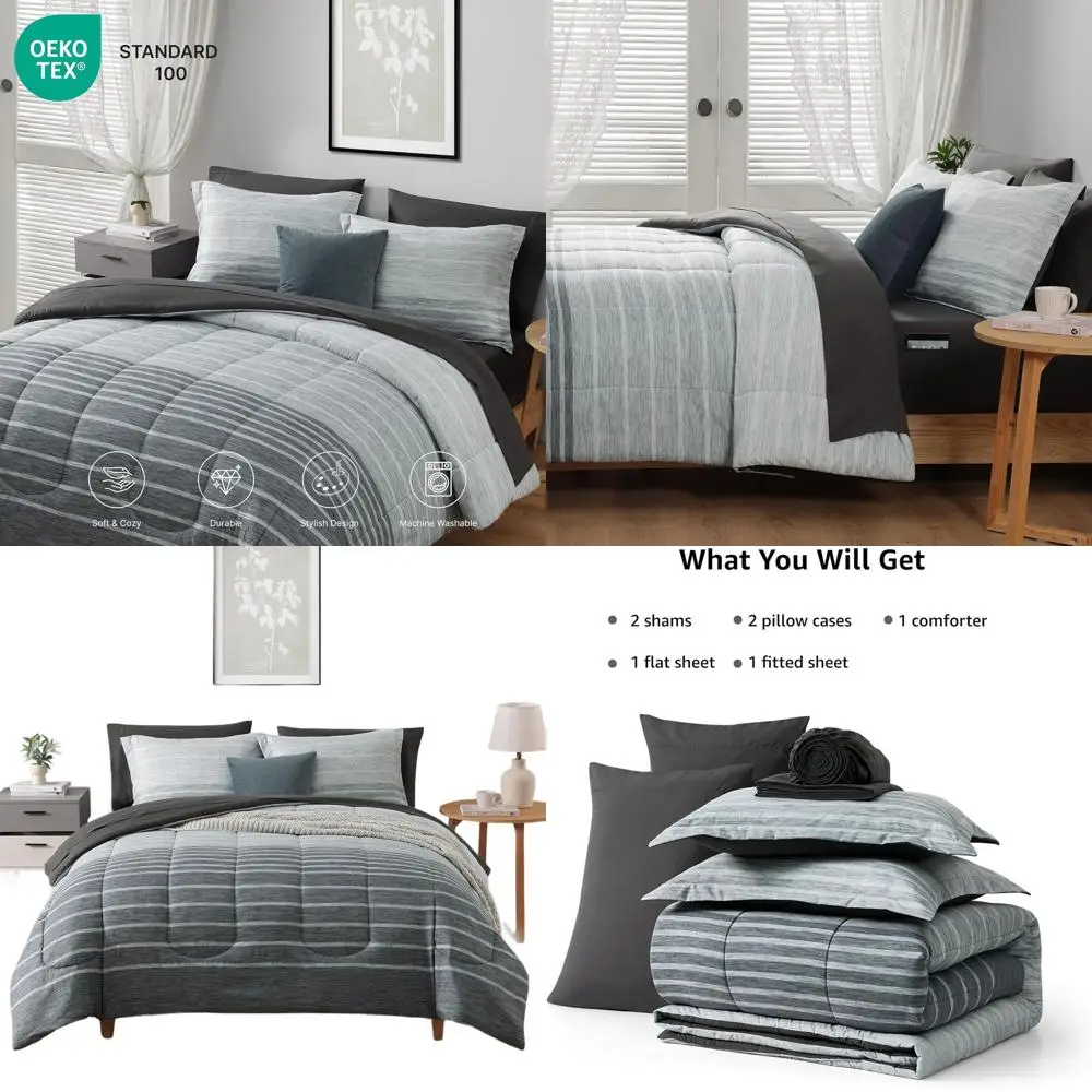 

7-Piece Grey Stripe Queen Bedding Set with Comforter, Sheets, Pillowcases, and Shams for All Seasons