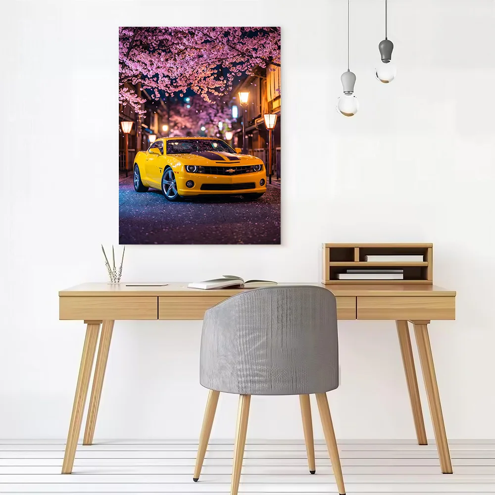 Car Yellow Camaro Cherry Blossoms Canvas Poster Wall Art Customizable High Quality Printed Picture for Living Room Decorations