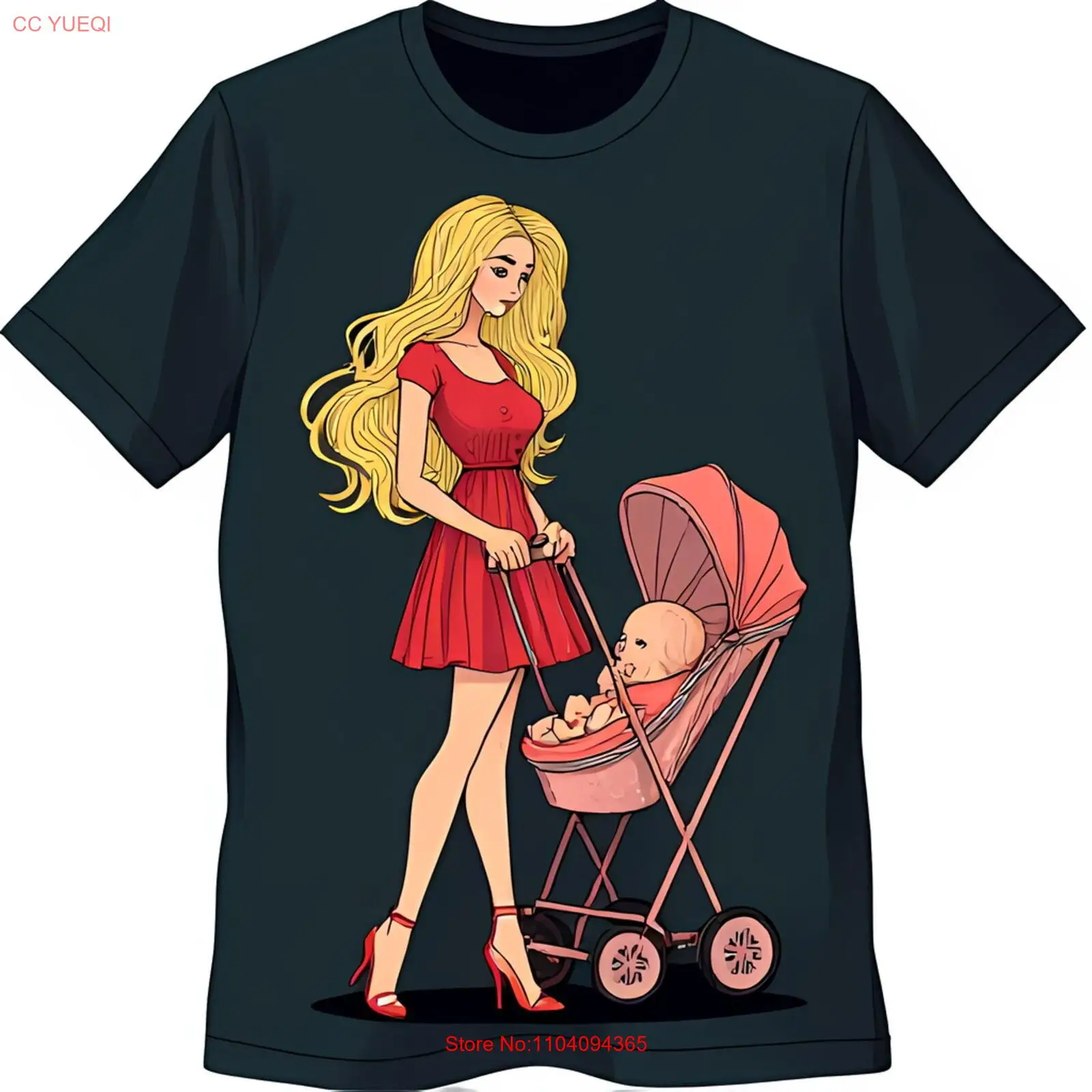 

Adorable Cartoon T-Shirt Featuring Young Woman with in Stroller Cute Design
