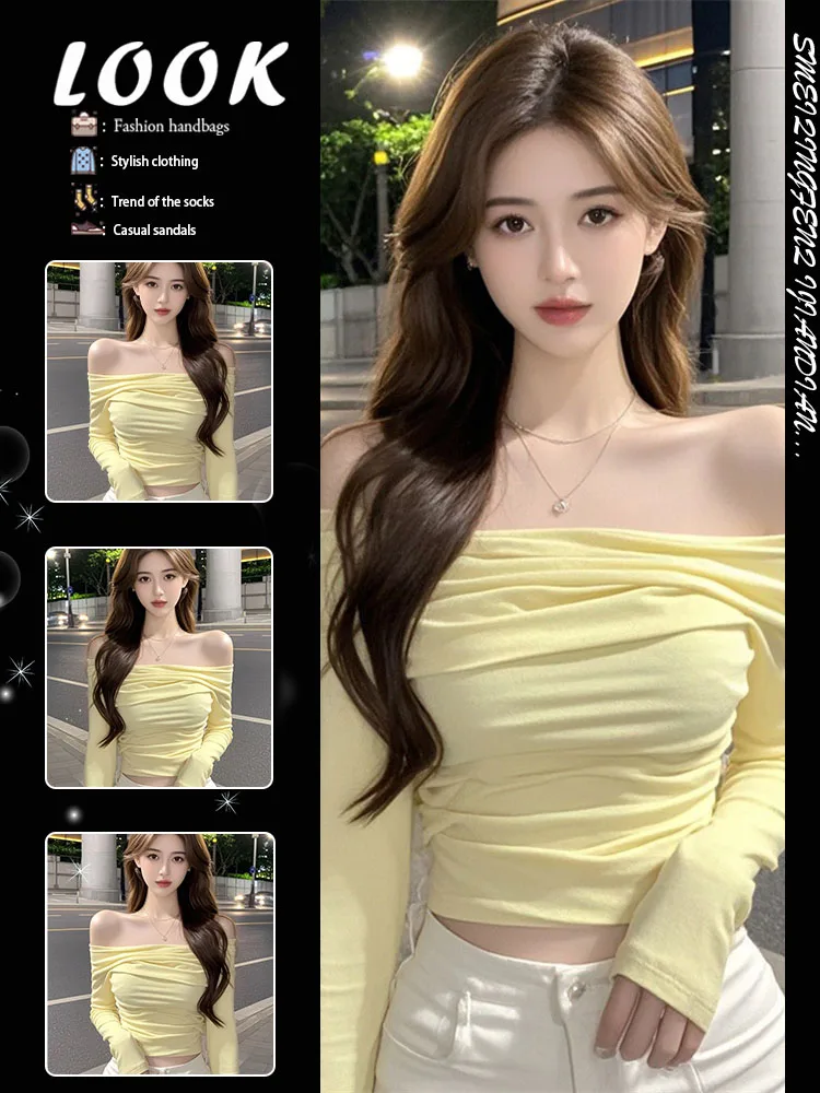 ユニークなスパイシーガールワンショルダープリーツ長袖ベースシャツ女性の新しいデザインショートトップショルダー美しい春…