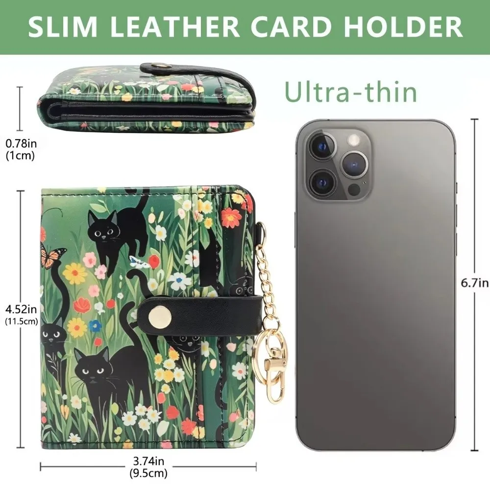 Cute RFID Card Holder PU Leather Black Cat Floral Women Wallet Ultra-Thin Multi-card Slot Coin Bag Daily Use
