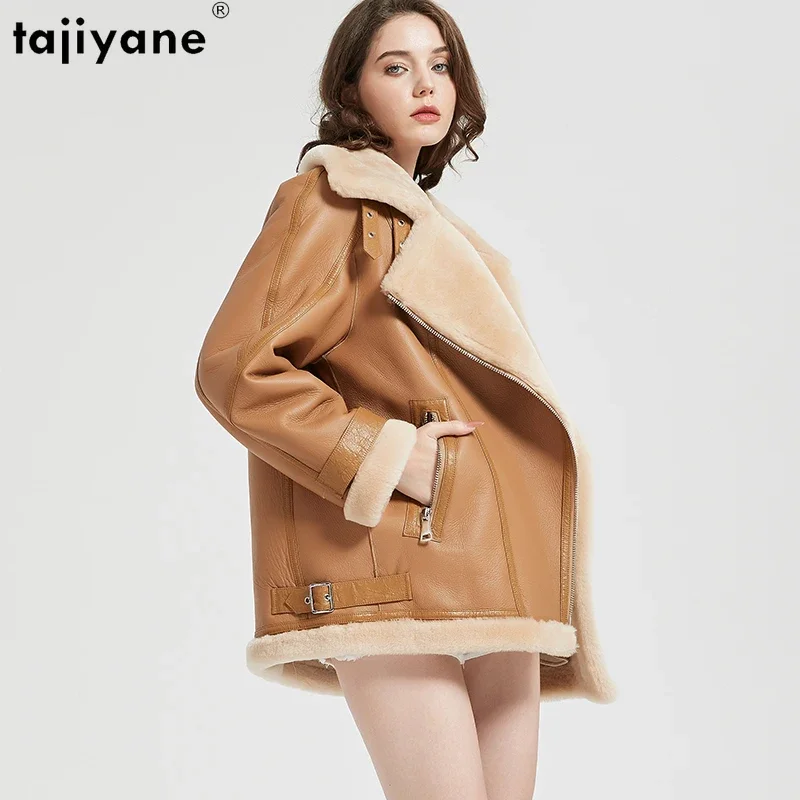 

Tajiyane Natural Lamb Fur Coat Women Luxury Winter Real Sheep Shearling Jackets High Neck Motorcycle Khaki Leather Jacket Casaco