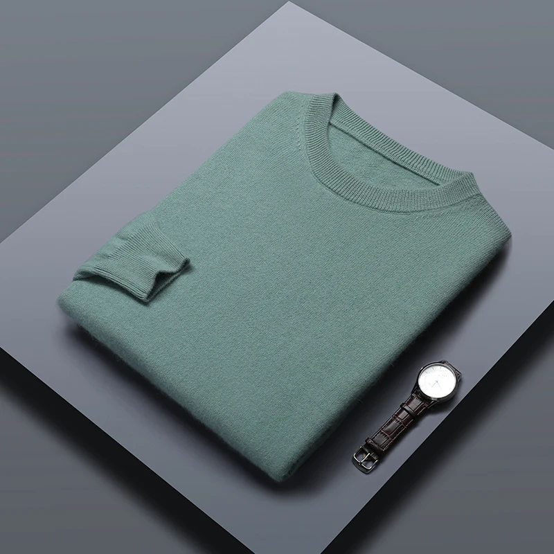 Classic Solid Color Men\'s O-neck Sweater Autumn Winter 100% Merino Wool Knitted Pullover Long Sleeve Warm Loose Casual Men Tops