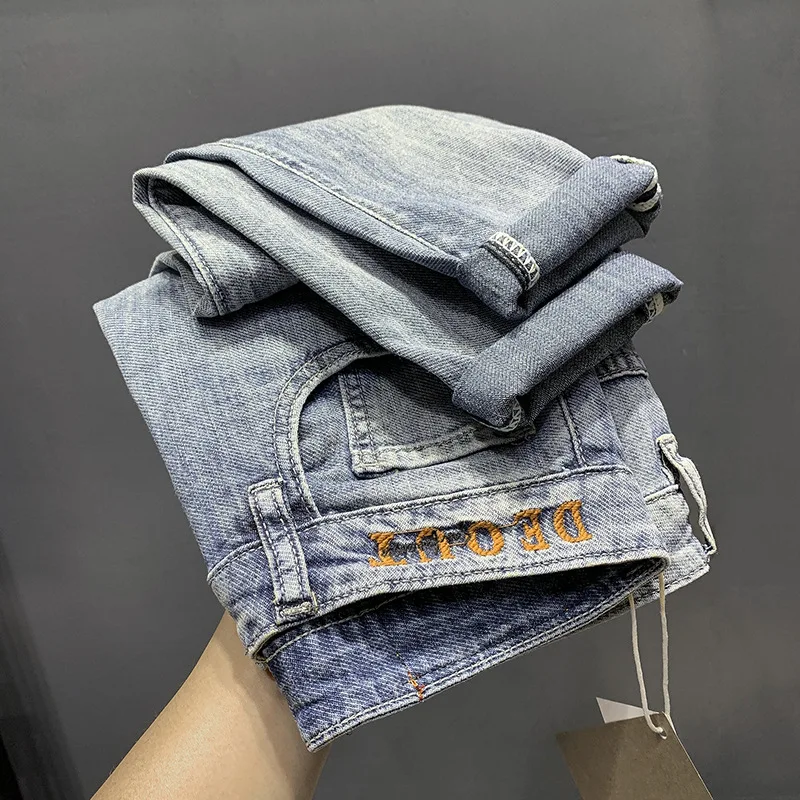 Jeans Heren Zomer Dunne Mode High-End Stretch Zacht Comfort En Casual Slim Fit Skinny En Volledig Bijpassende Lichtblauwe Broek