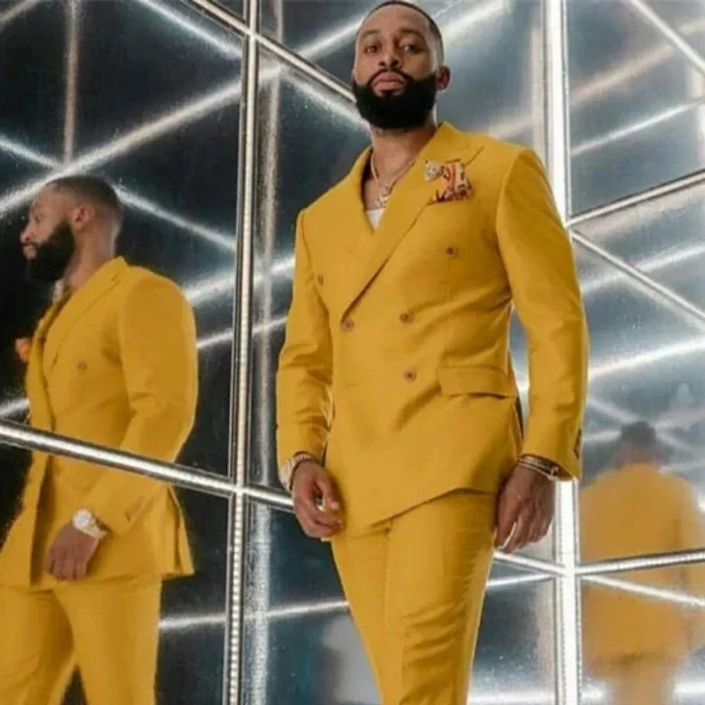 

2025 модные костюмы, желтая куртка, брюки, 2 предмета, вечерние смокинг с двойными пуговицами, мужские костюмы для свадьбы, жениха