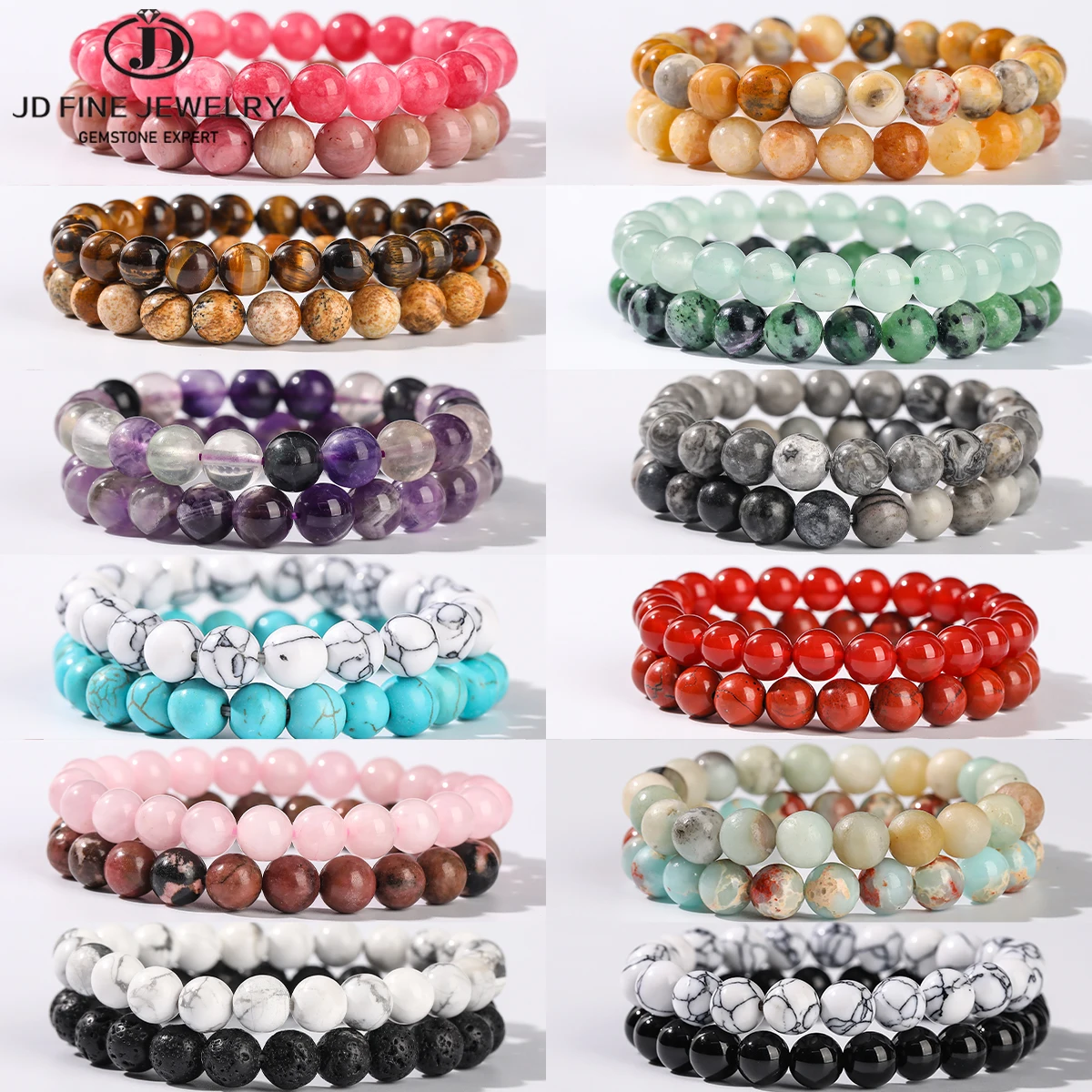 JD 2Pcs Natural Stone Beaded Bracelet Set 8mm Agate Turquoise Amethyst Quartz Energy Stone Stretch Bangles Healing Jewelry Gift