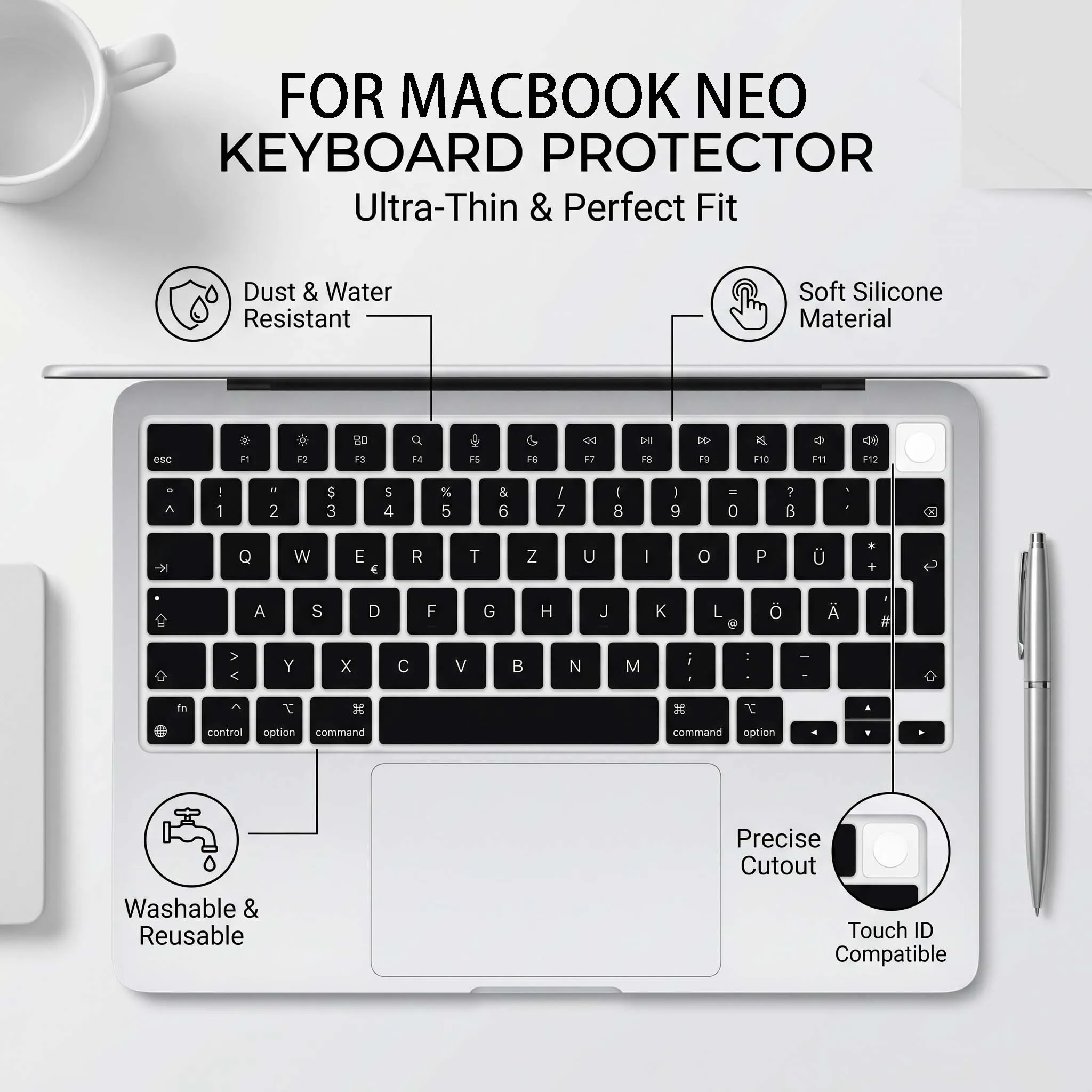 

German language keyboard skin for Macbook Neo A18 pro 13 inch with Touch ID A3404 UK key silicone keyboard protector waterproof