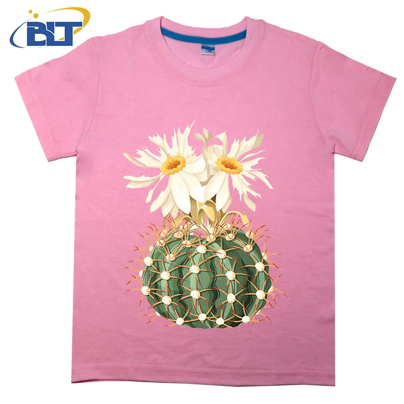 T-shirt de manga curta com cactos e flores estampada para crianças, top casual de algodão, aquarela, adequado para meninos e meninas