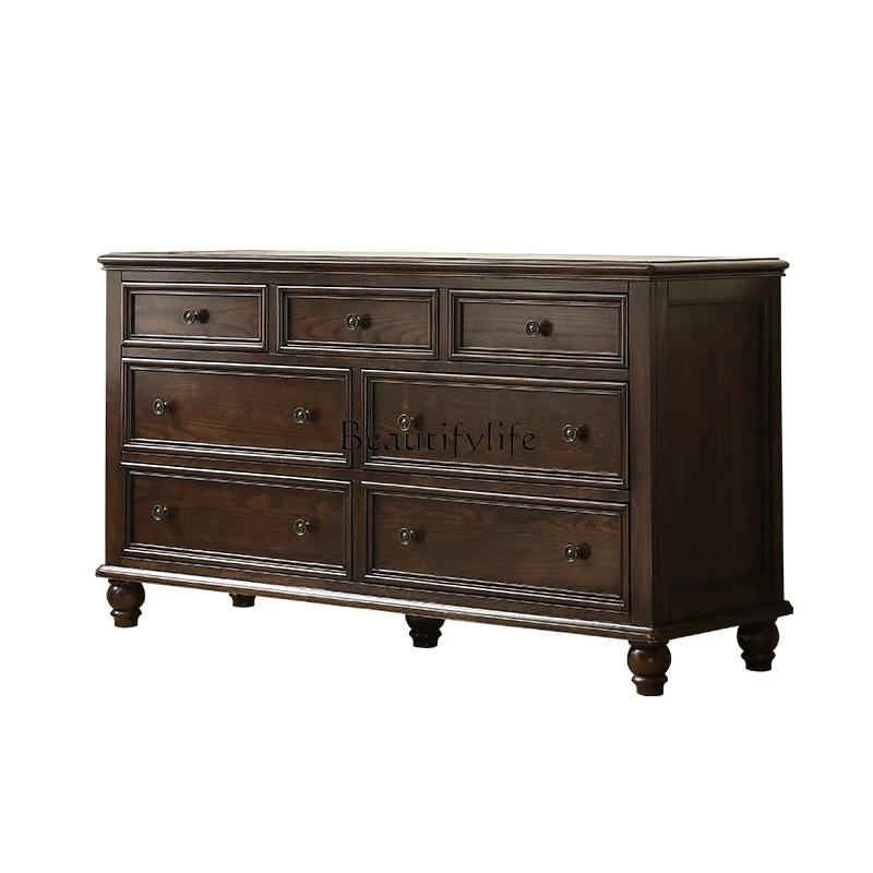 

American country retro solid wood living room bedroom multi-drawer black walnut storage cabinet