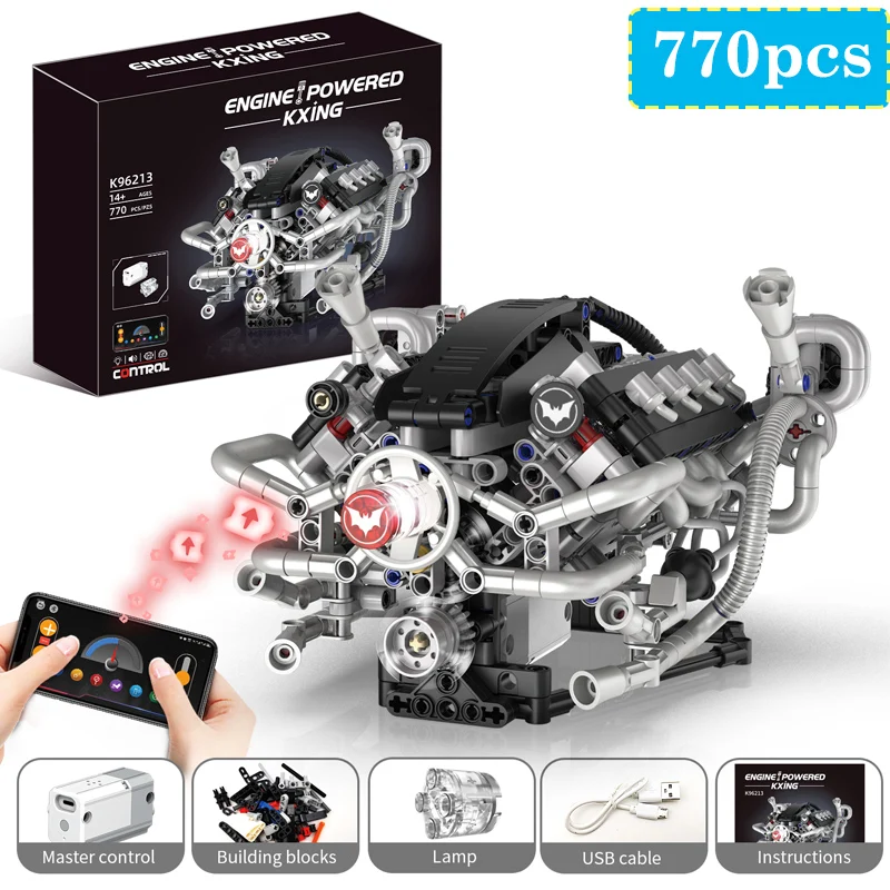 

MOC Simulated V8 Engine Technology Car Engine Building Blocks App Programmable Boys 770pcs Assembled Model Bricks Toy Kids Gift