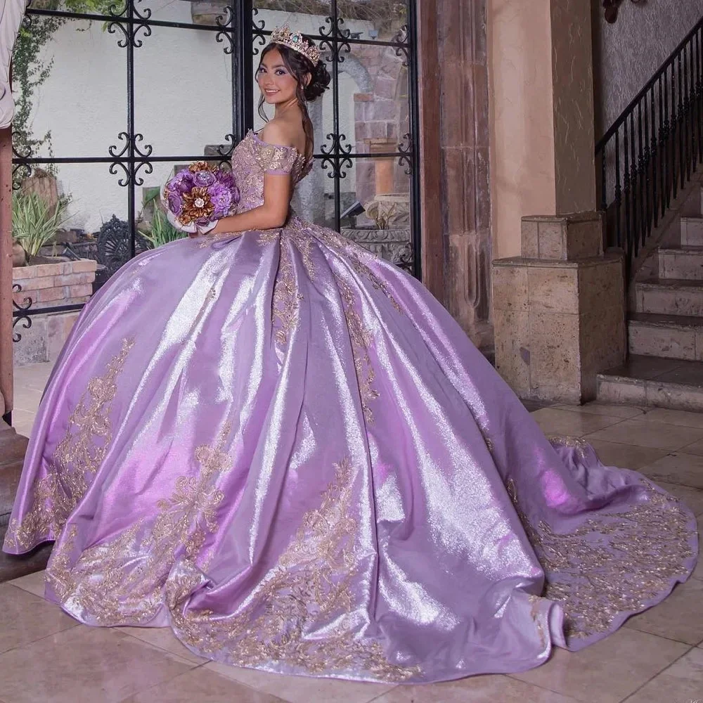 ANGELSBRIDEP Glitter Stain Purple Ball Gowns Quinceanera Dresses Luxury Off Shoulder Girls Birthday Party Vestidos De Xv Años