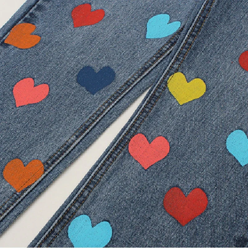 Colorful Heart Print Jeans Harajuku Mom Jeans High Waisted Denim Pants Women Autumn Winter Blue Baggy Trousers 90s Streetwears