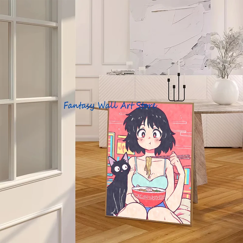 Cat Ear Anime Girl Eating Ramen Poster Aesthetic Anime Ramen Art Prints Japanese Style Cartoon Decor Sexy Girl Canvas Painting