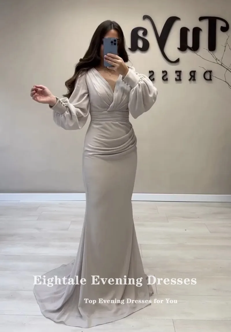 Eightale Arabic Evening Dress Long Puffy Sleeves Chiffon Mermaid V Neck Pleats Celebrity Prom Gown Party Dress Sukienki Wizytowe