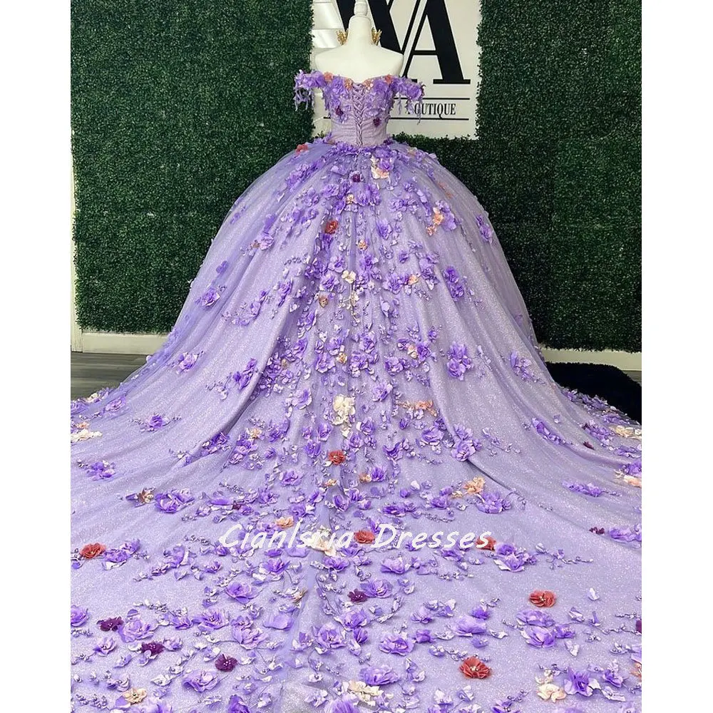 Vestido De quinceañera con flores en 3D para mujer, vestido De baile De 15 Años, color lila, con hombros descubiertos, con perlas y abalorios