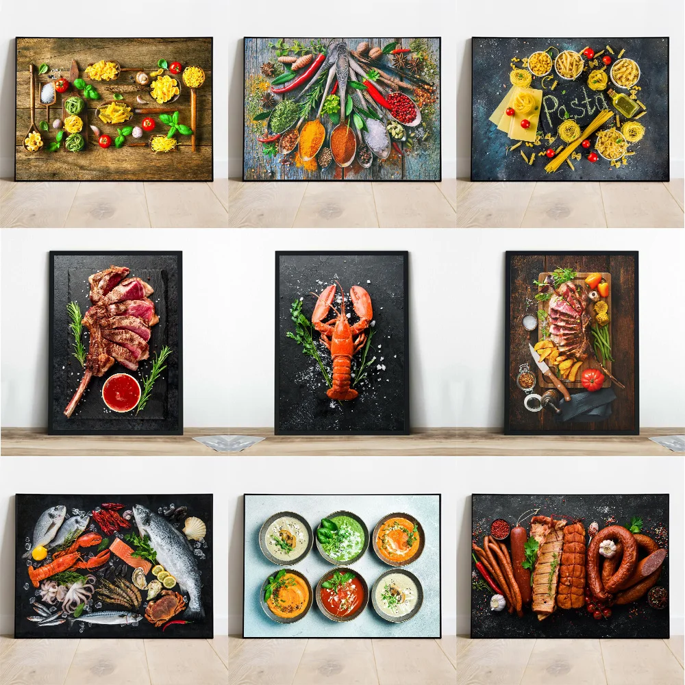 Kitchen Wall Art Spice Food Posters And Prints Steak Lobster Soup Western Restaurant Decorative Canvas Painting Mural Picture