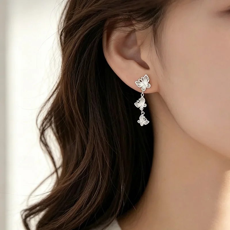 Cute Fringe Butterfly Sweet 925 Sterling Silver Female Stud Earrings For Women Luxury Fine Jewelry EA946