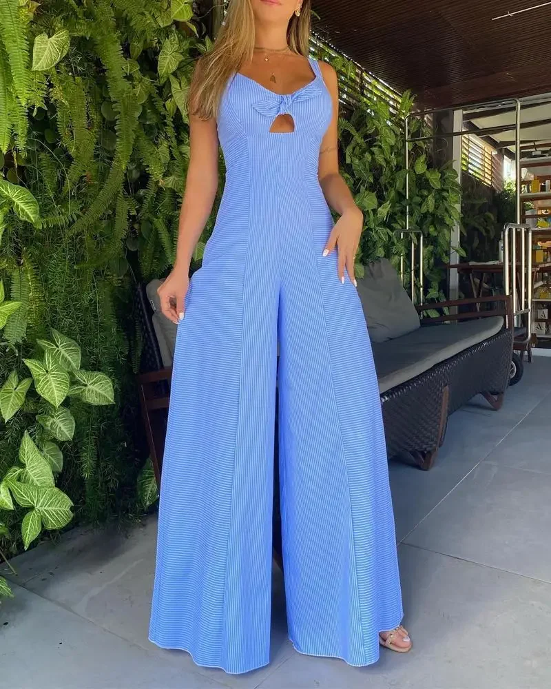 Striped Print Sleeveless Wide Leg Jumpsuit Women Loose Pants Overall Jumpsuits High Waist Spring Summer