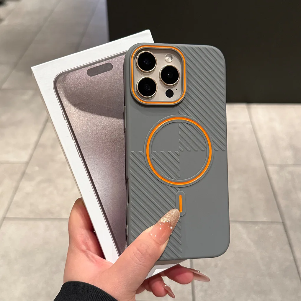 Diagonal stripe contrasting color fine ring magnetic phone case For iPhone 16Pro Max 15Pro Max 14Pro Max 13 12 Pro Max soft case