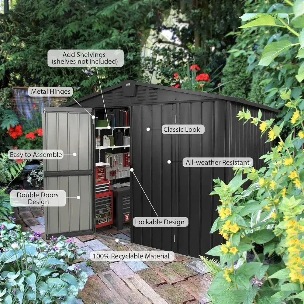 8.2'x6.2' Outdoor Metal Storage Shed for Garden, Bikes, Tools, Lawn Mowers, and Pool Toys