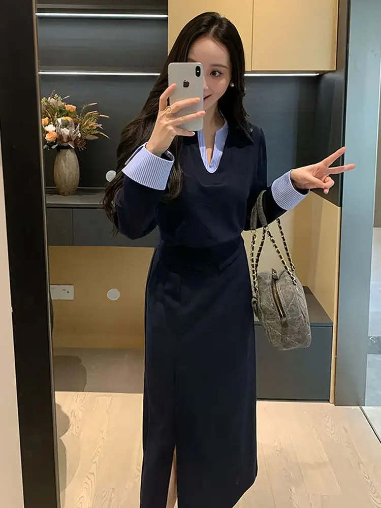 plus Size Casual Stripe V-Neck Top And Half Skirt Two-Piece Set Women Slimming Early Autumn Complete Matching Set