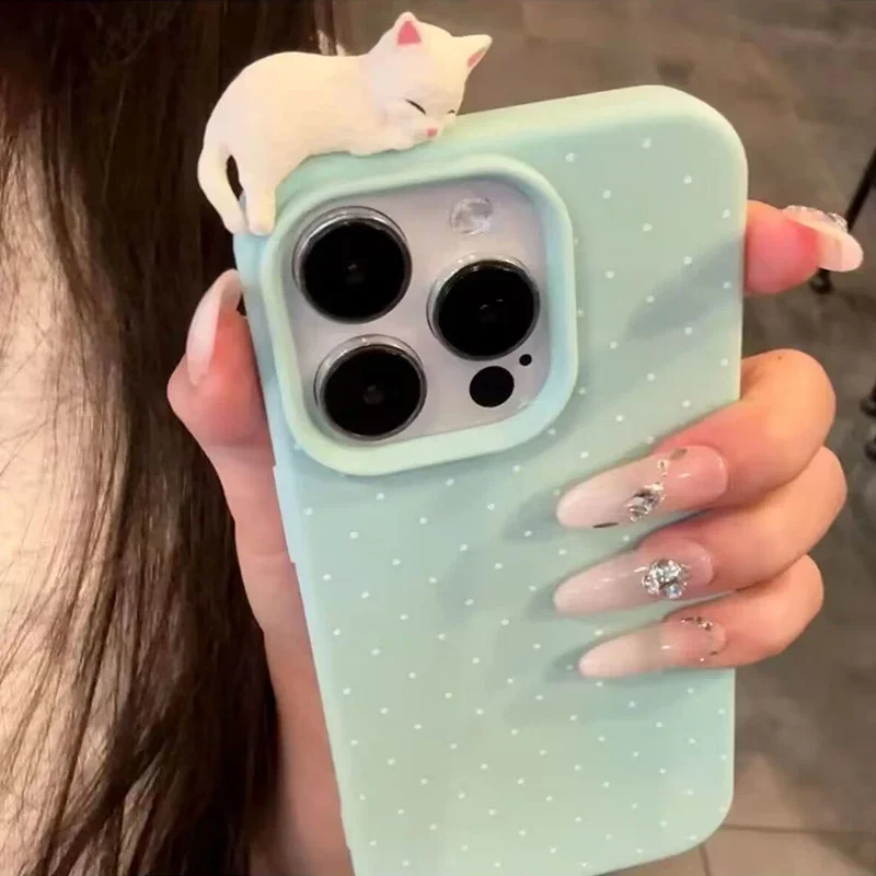 For iPhone 16 Pro Cute 3D Cat Dog Dot Leather Phone Case For iPhone 16 15 13 14 12 11 Pro Max Korean Lovely Kitten Soft Cover