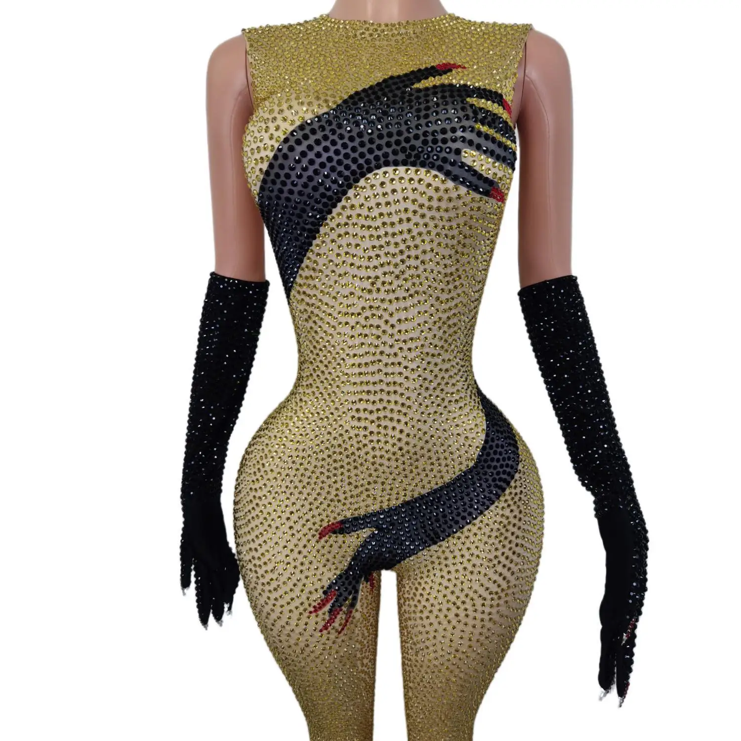 Women Shinny Jumpsuits with Gloves Sparkly Brand Design Black Gloves Night Bar Showgirl Gogo Costumes Sexy Queen Outfits Heishou