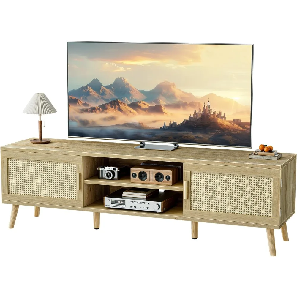 TV Stand for 75 Inch TV, Entertainment Center with Adjustable Shelf, Rattan TV Console with 2 Cabinets, Media Console