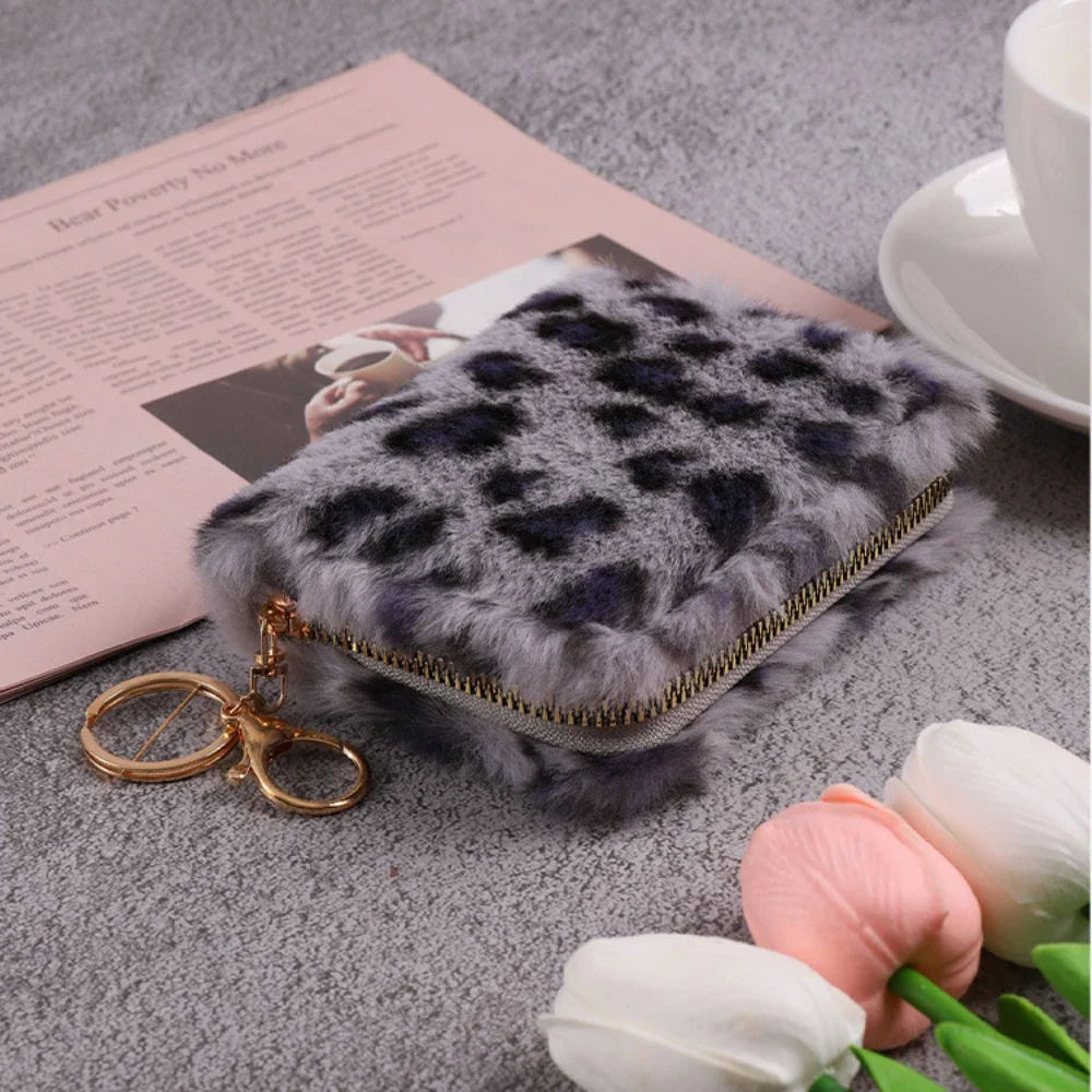 Creative Plush Coin Purse Fashion Leopard Pattern Women Wallet Zipper Keychain Clutch Purse Coin Pouch Card Bag Id Card Holder