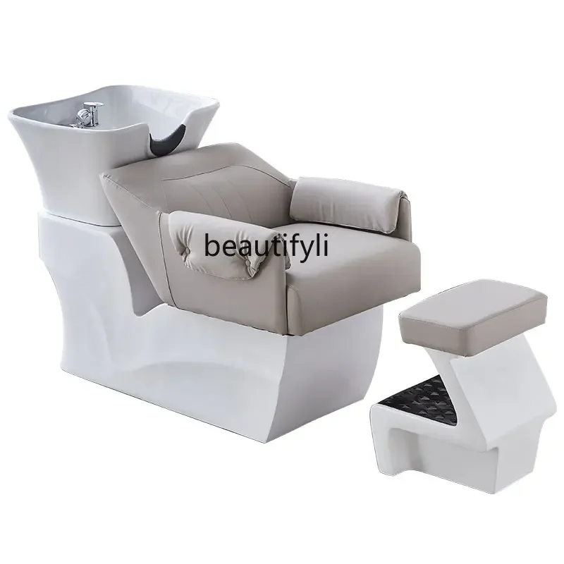 High-End Ceramic Basin Half Lying Shampoo Chair Hair  Dedicated Stainless Steel Hairdressing Flushing Bed Massage Couch