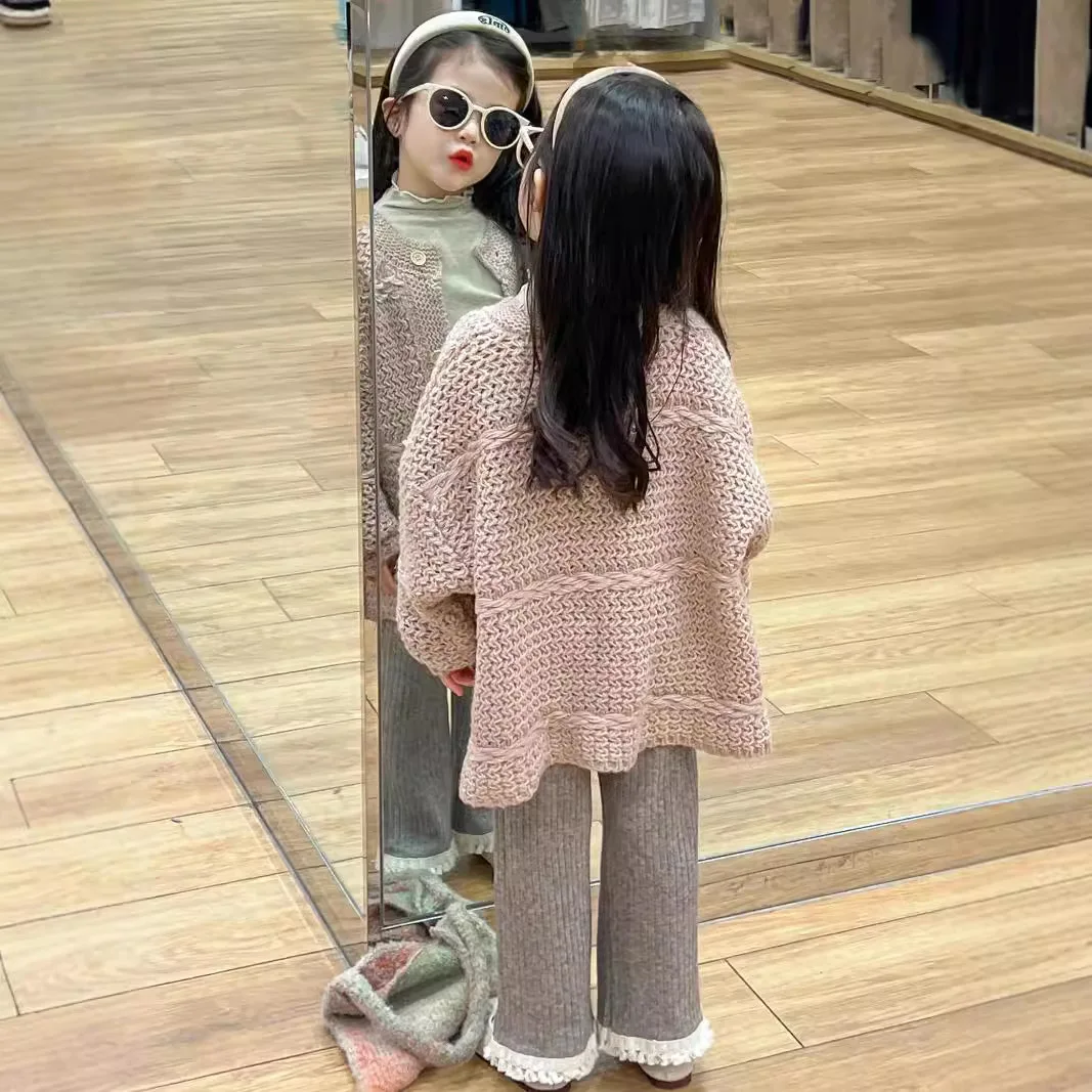 Girls Sweater 2024 Autumn New Childrens Clothes Girls Baby Lazy Style Coarse Wool Knitted Cardigan Casual Simple Daily