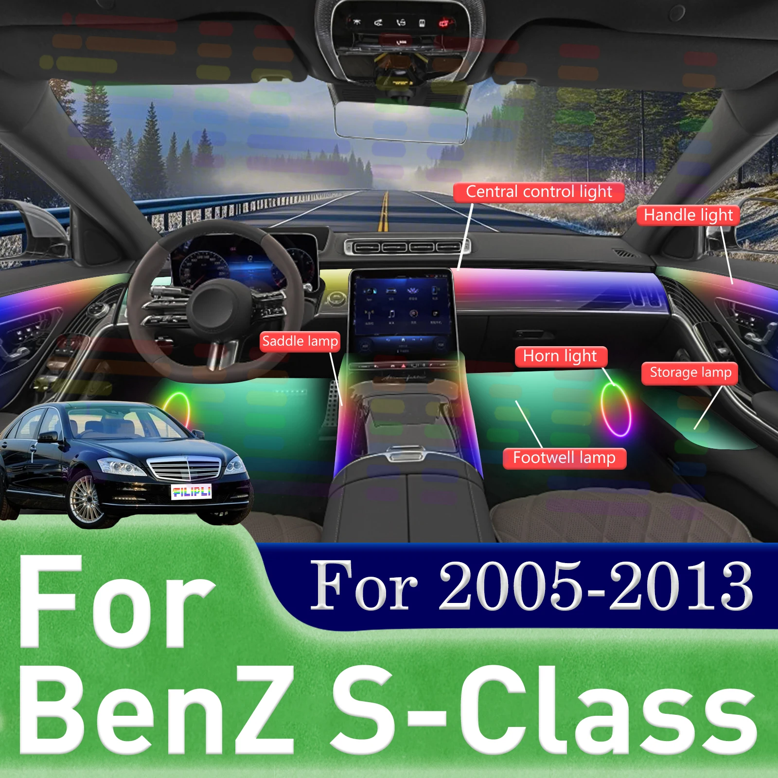 For Benz S-Class W221 Pullman Elite Invisible Mounting PMMA Auto Interior Ambient Lighting RGB Music Response Smart APP Control
