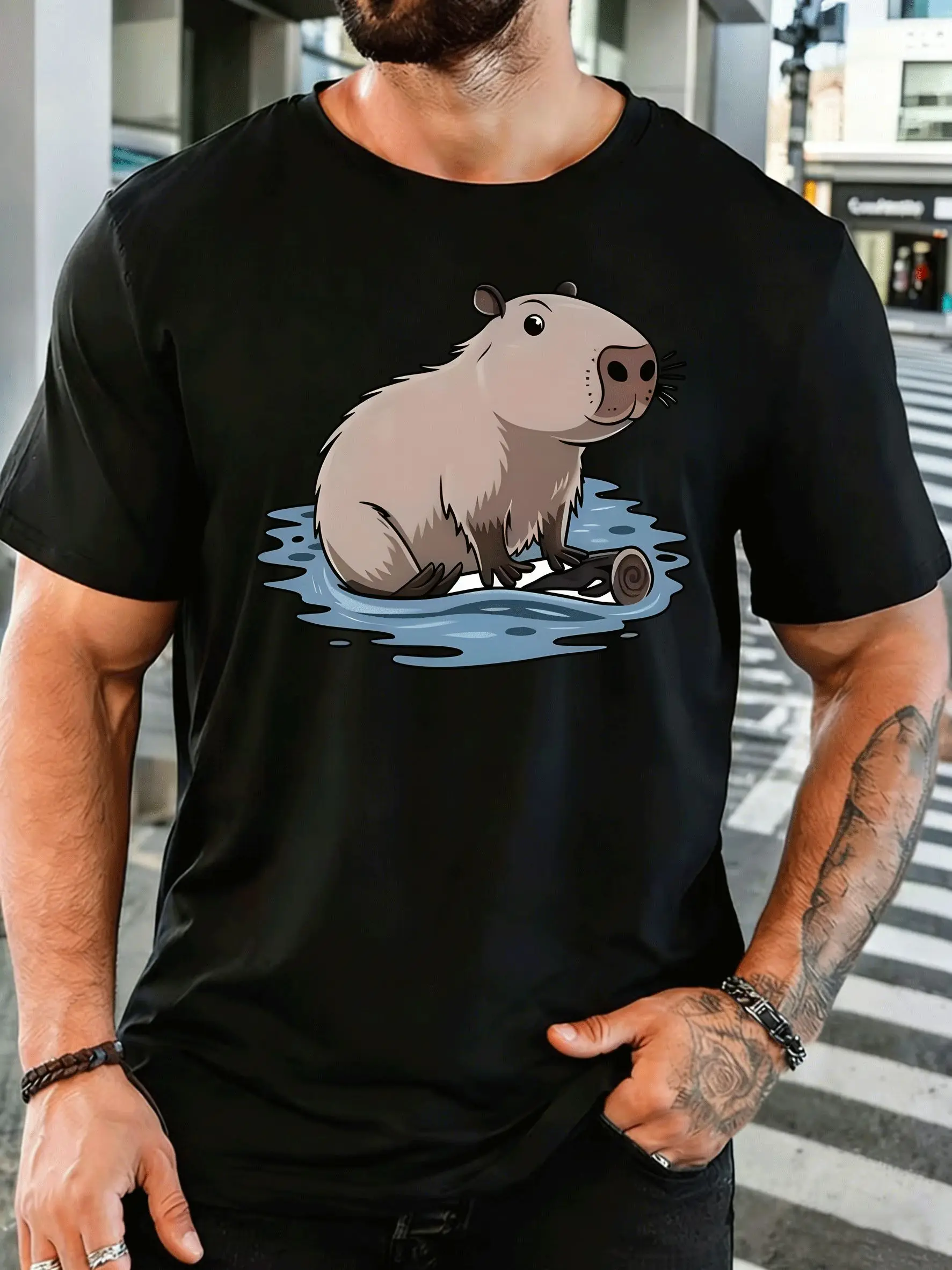 Cute Cartoon Capybara Sitting In Water Mens Front Print T Shirt Wild Animal Graphic Casual Short Top Nature Animal Lover Gift
