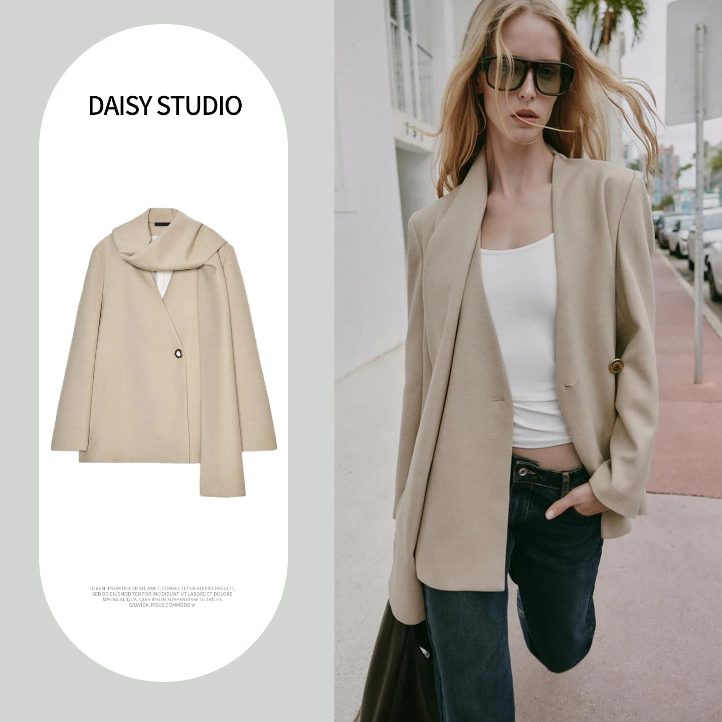 Spring New Arrival Women's Double-breasted No-flap Collar Long Sleeve Detachable Scarf Suit Jacket Casual Style Polyester Fiber