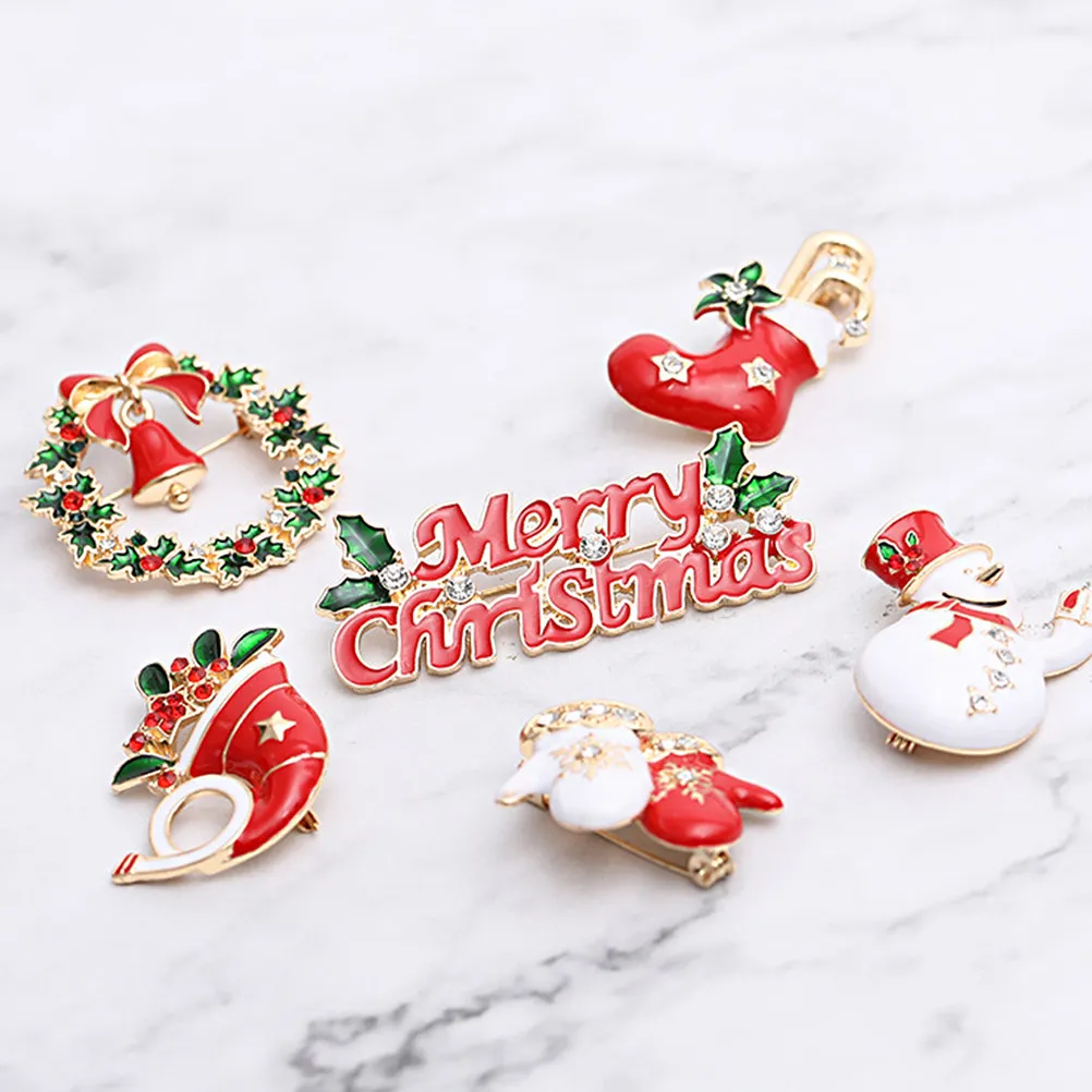6Pcs Christmas Brooch Pin Cartoon Alloy Brooch Hairpin Accessory Sweater Badge Party Decoration Gift Neckerchief Breast Pin