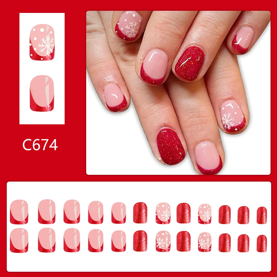 Uñas postizas ovaladas cortas para mujer y niña, 24 piezas, copos de nieve brillantes de Navidad, rojo brillante, manicura francesa usable