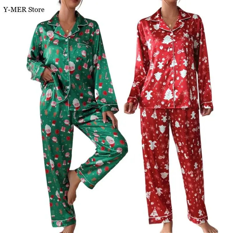 

2025 осенний новый пижамный костюм, женский пижамный костюм с принтом рождественских элементов, свободная рубашка, брюки, 2 шт., пижамы из ледяного шелка, женская одежда для дома