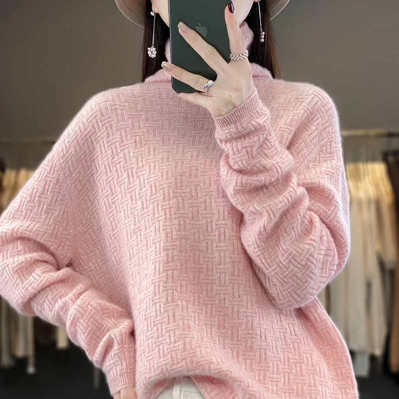 

24 Autumn/Winter New 100% Pure Cashmere Sweater Women's Turtleneck Vintage Jacquard Long-sleeved Knit Sweater Loose Lazy Sweater