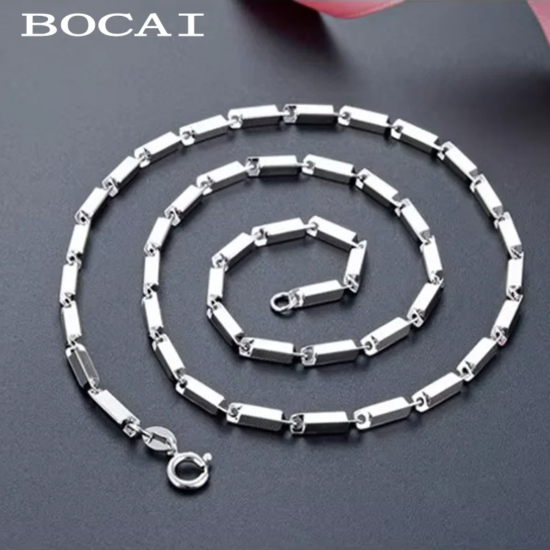 BOCAI S925 Sterling Silver Necklace New Fashion 2.6mm Embossed Square Pillar Pure Argentum Jewelry for Men Women