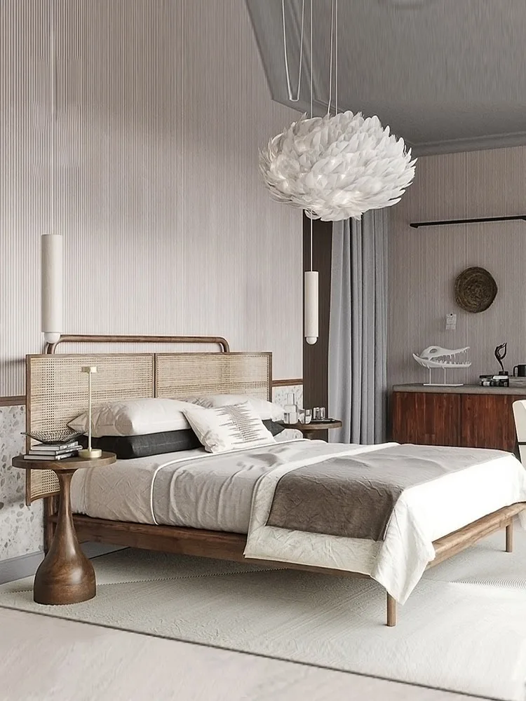 

Nordic vintage rattan bed B&B hotel model room solid wood bed wabi sabi style creative designer light luxury double bed