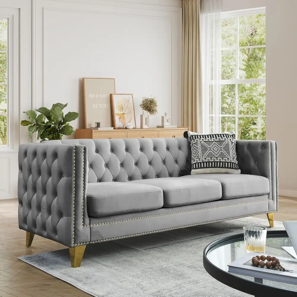 

Трехместный диван из серого вельвета с пуговицами и декоративными шпильками, увеличенный глубокий сиденье для гостиной, спальни или офиса (80,5 дюймов)