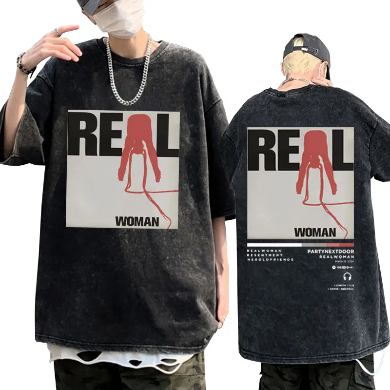 

Partynextdoor Real Woman Album Cover Graphic print t shirt fashion Hip Hop Vintage washing T-Shirt men oversized Short sleeve