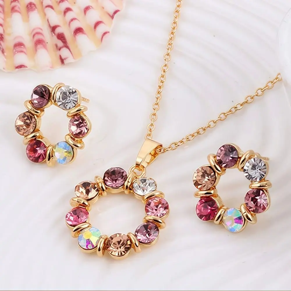 3pcs Gold Color Necklace Earrings Set Simple Style Glass Diamond Earring Jewelry Sets Circle Shape Design Exquisite Stained