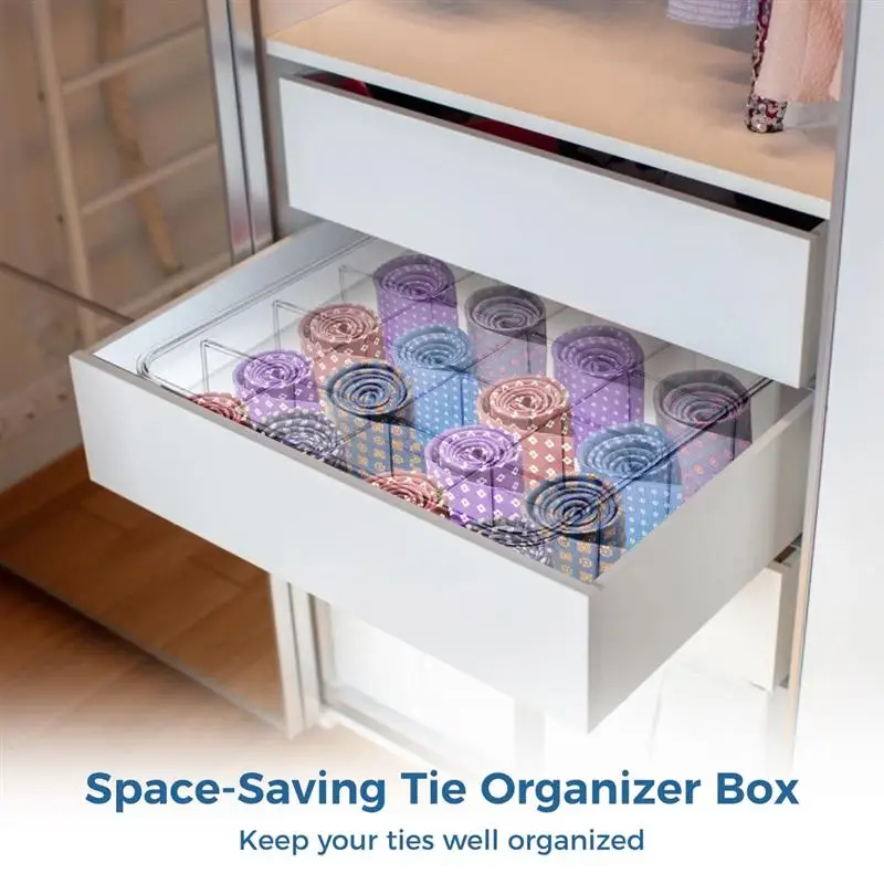 Tie Organizer Box 16-Cell Clear Tie Rack Organizer Rack Drawer Closet Storage Bin With Lid Storage Box For Ties Socks Underwear