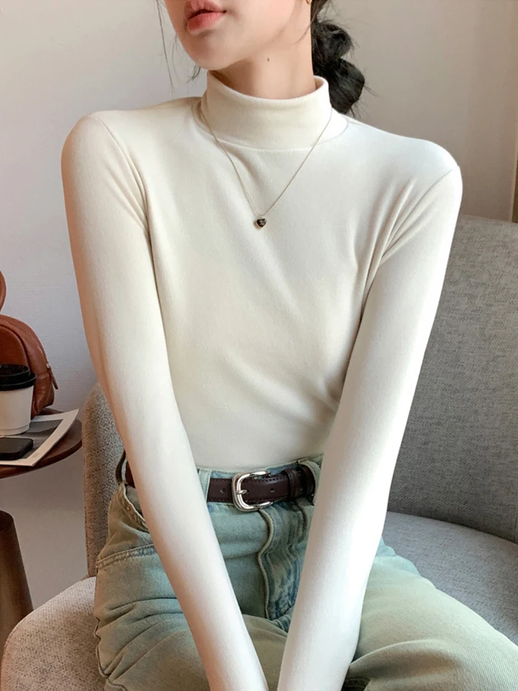FINETOO Lady Soft Thermal Pile Turtleneck Long Sleeve Top Stretch Slim Fitted Basic Shirts Winter Warm Mock Neck Layer Underwear