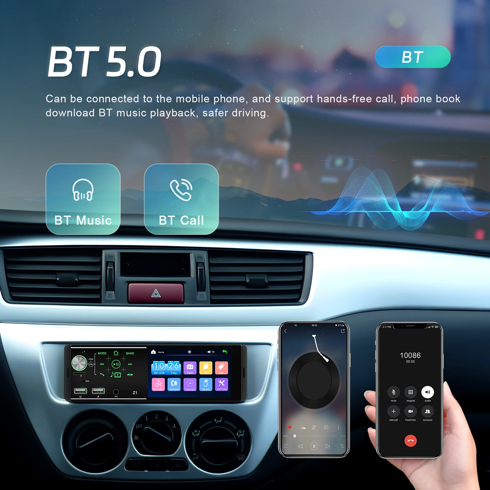 Podofo 1Din 4'' Car MP5 Player BT FM TF USB Charging Steering Wheel Control Car Radio Stereo Wholesale OEM