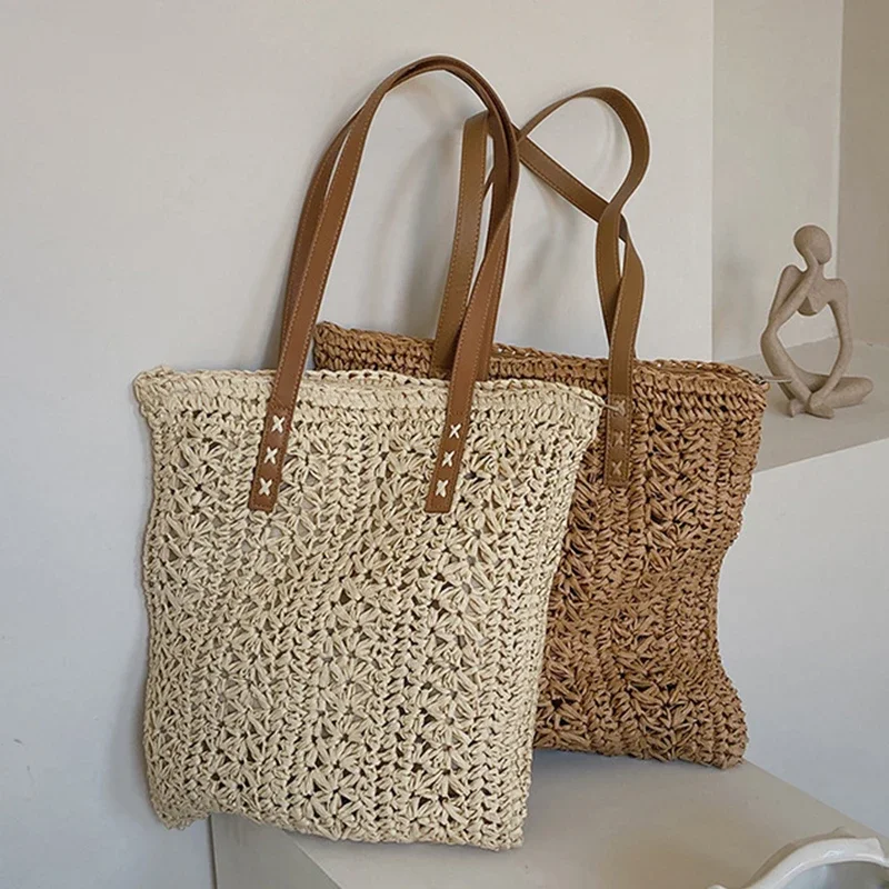 

Square Hollow Straw Beach Bag Handmade Woven Shoulder Bag Raffia Rattan Shopping Travel Bag Bohemian Summer Vacation Casual Tote